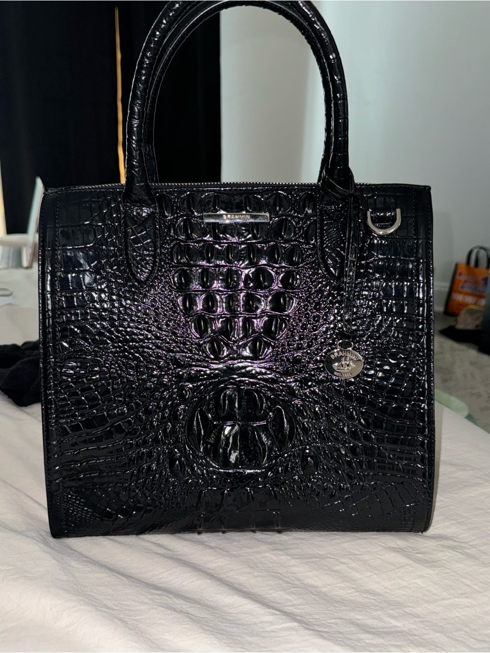 Brahmin Black Croc-Embossed Patent Shoulder Tote